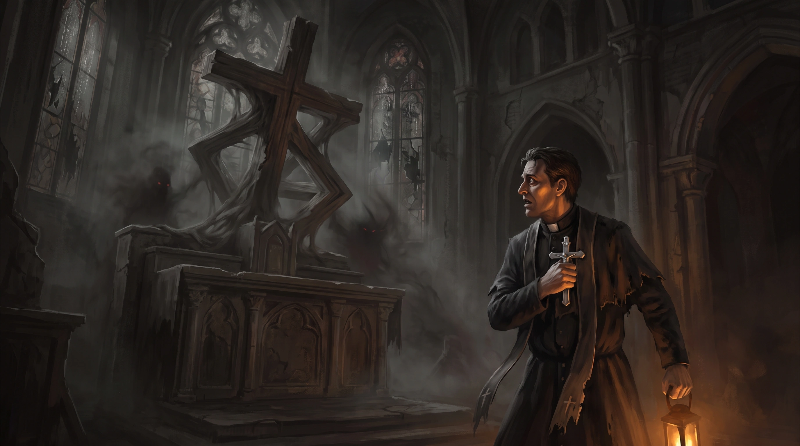 Um padre apavorado segurando um crucifixo firmemente